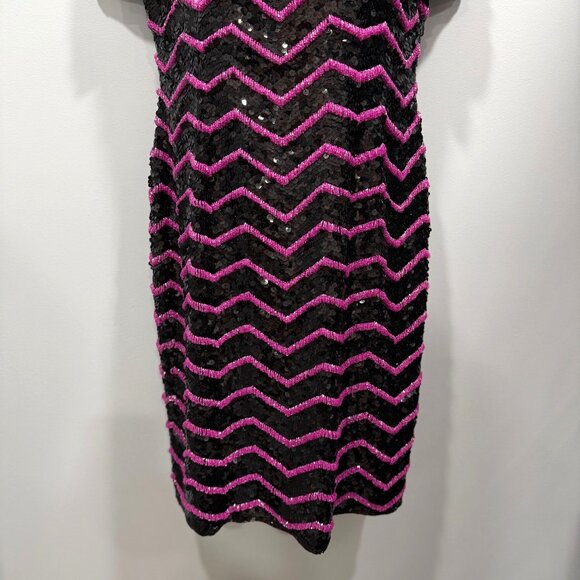 VTG 80s Glam Joan Leslie Black Silk Pink Chevron Sequin Dress Cocktail Size S? - Picture 4 of 15